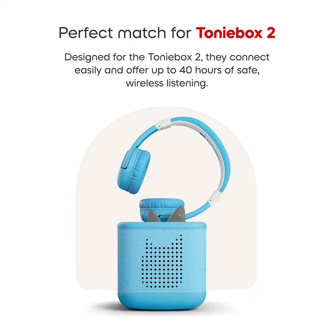 Tonies sky blue headphones with a matching case on a white background, designed for Toniebox 2 infographic.