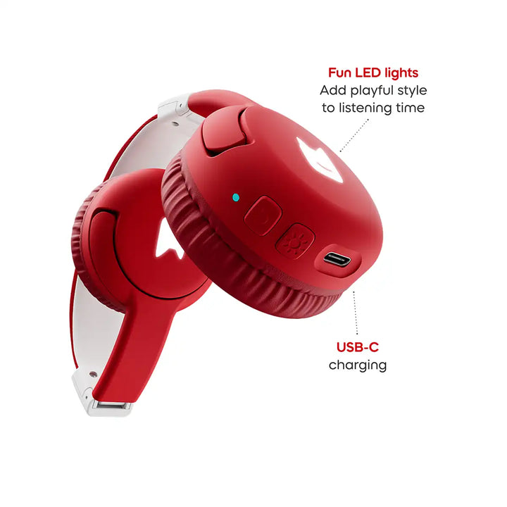 Tonies sunset red wireless headphones with USB-C charging feature infographic on a white background