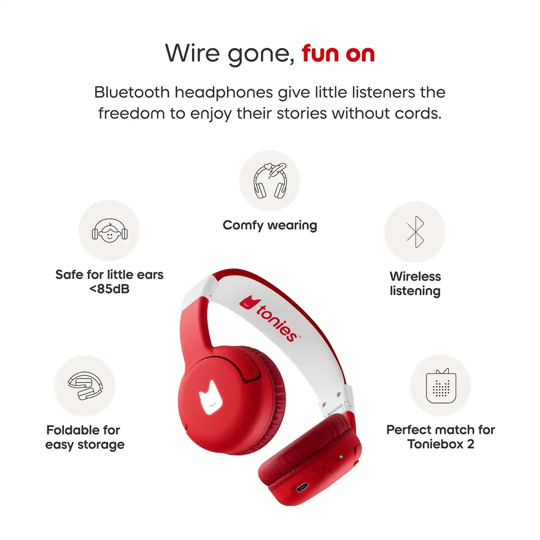 Tonies sunset red and white headphones on a white background, featuring text about wireless listening and comfort.