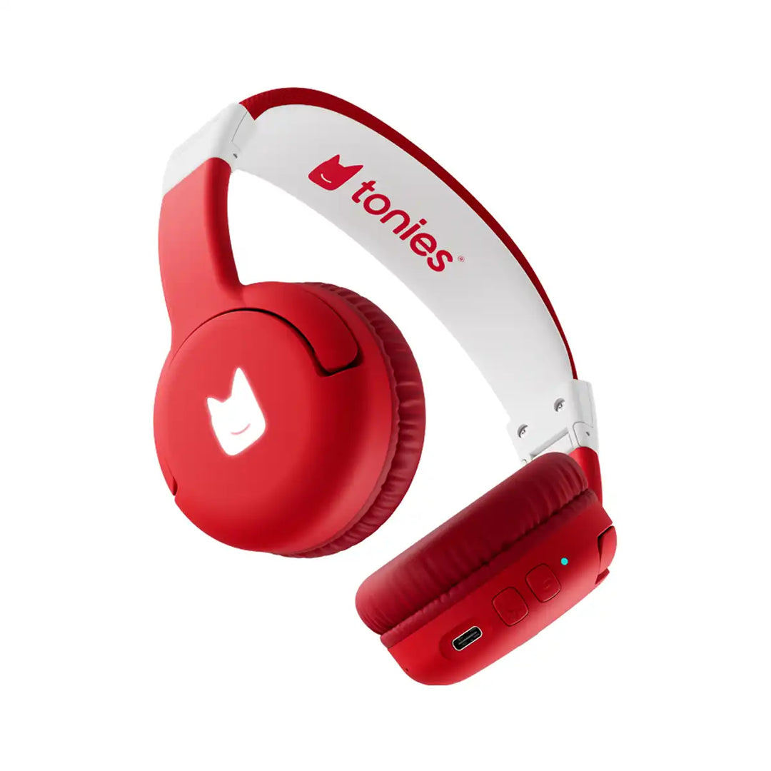 Red and white headphones with 'tonies' branding on a white background