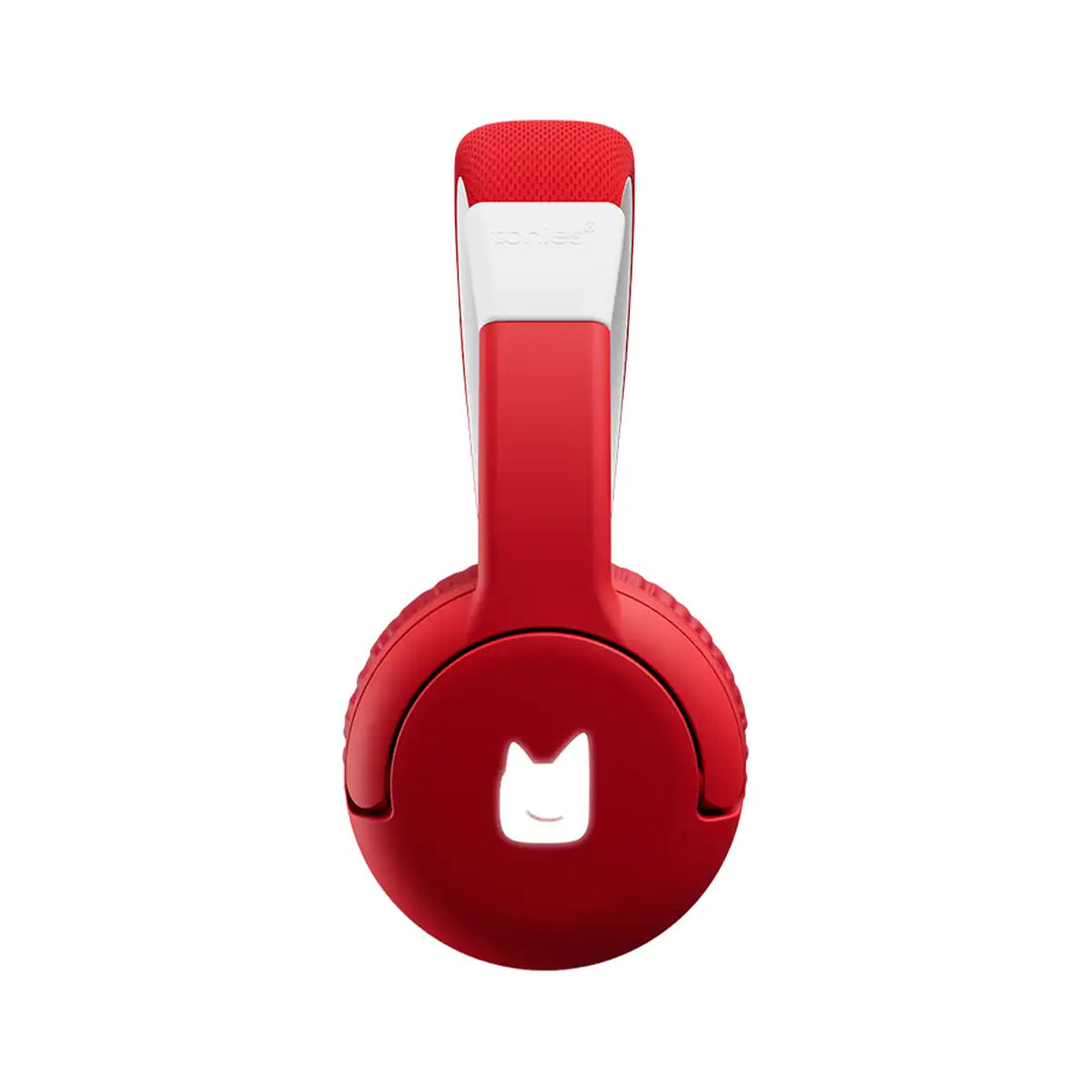 Tonies red headphones with a white logo on a white background