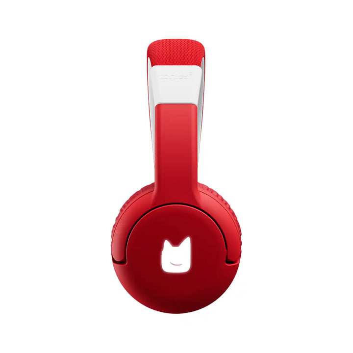 Tonies red headphones with a white logo on a white background