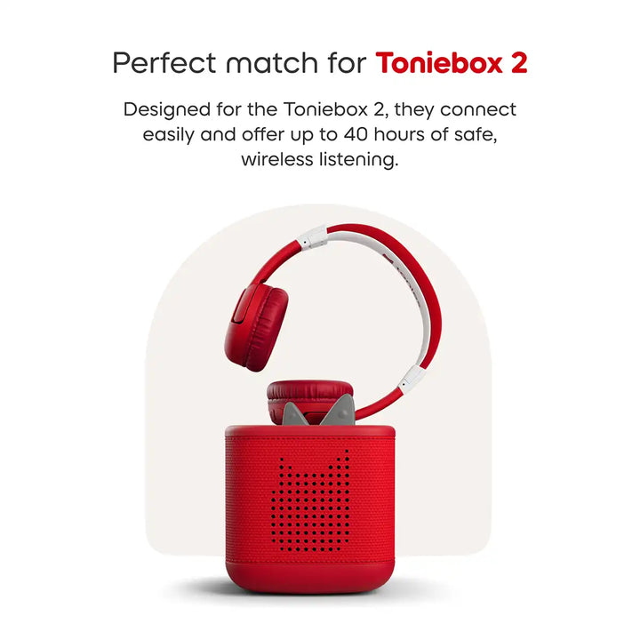 Tonies sunet red headphones and Tonebox 2 device with text infographic on a white background