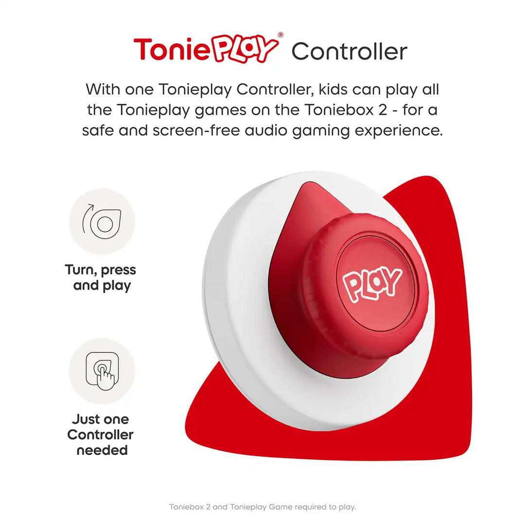 Tonieplay controller with sunset red and white design infographic on a white background