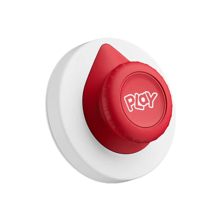 Tonies tonieplay controller in sunset red with white button with a red center featuring the word 'PLAY' on a white background