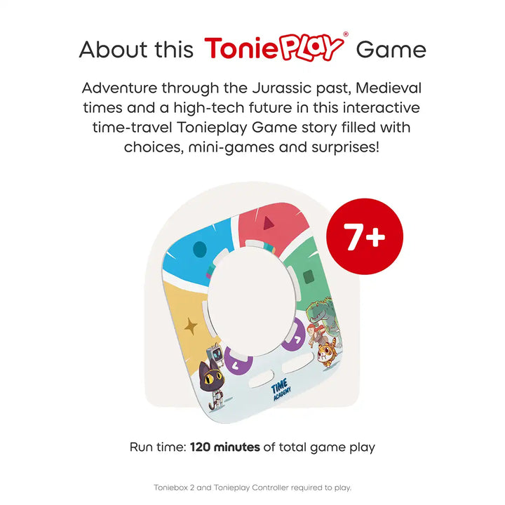 ToniePlay Time Academy game packaging with colourful design and text about the game's features.