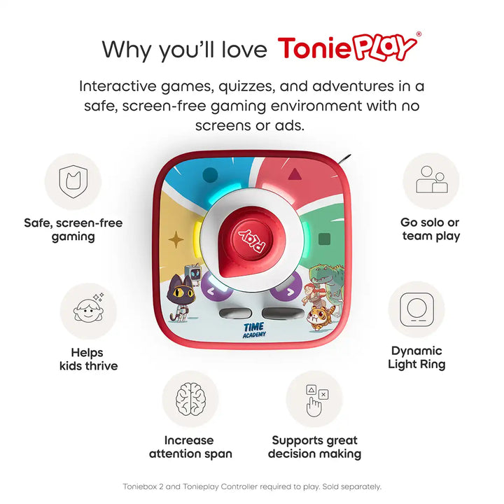 ToniePlay Time Academy game with features listed on a white background