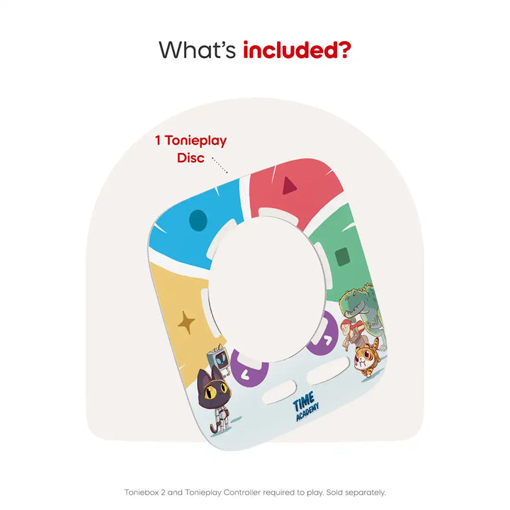 Colourful Tonieplay Time Academy disc with cartoon characters on a white background
