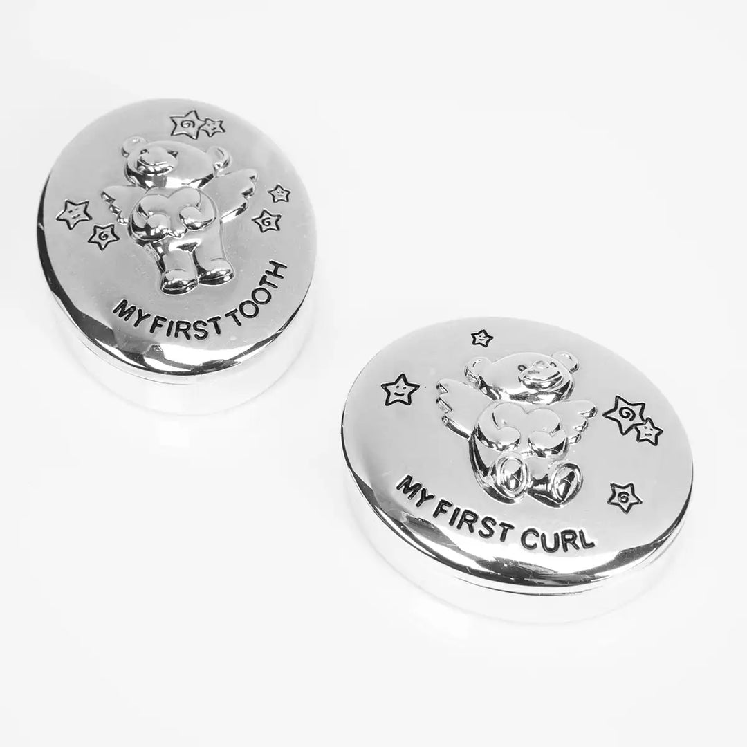 Twinkle Twinkle silver my first tooth & curl keepsake containers with teddy bear designs and engraved text