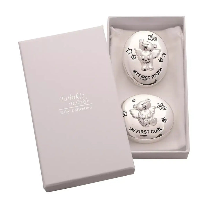 Twinkle Twinkle silver my first tooth & curl keepsake containers with teddy bear designs and engraved text in a white box.