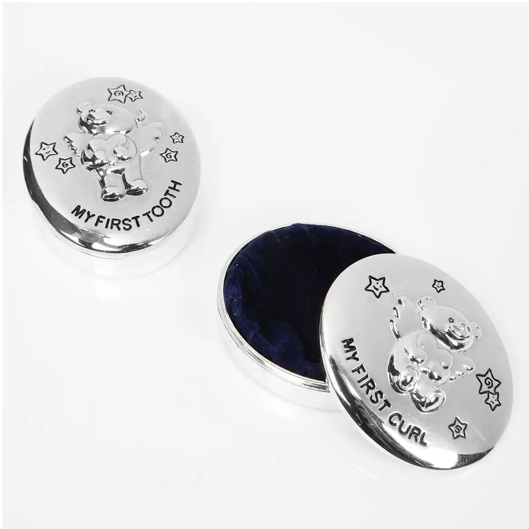 Twinkle Twinkle silver my first tooth & curl keepsake containers with teddy bear designs and engraved text one opened