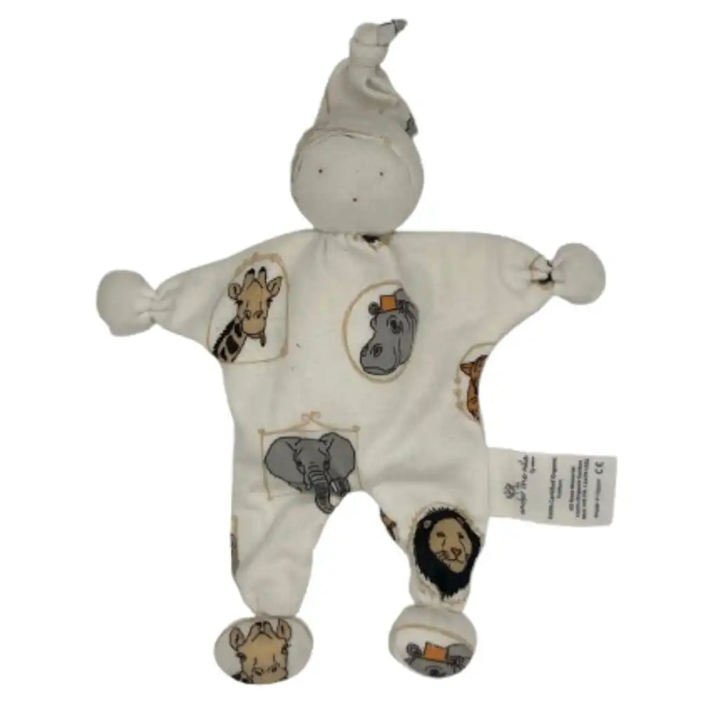 Under the Nile baby comfort buddy with animal prints on a white background