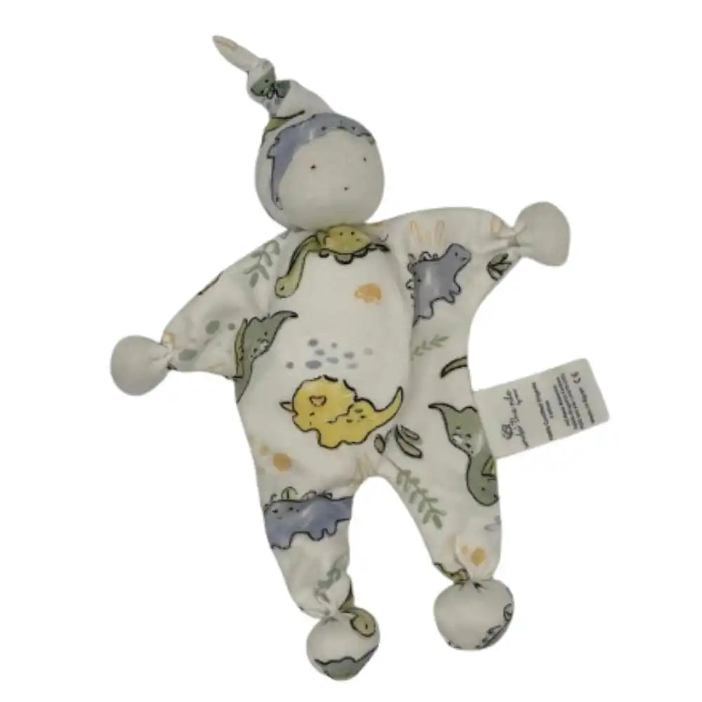 Under the Nile organic baby buddy comfort doll with dinosaur pattern on a white background