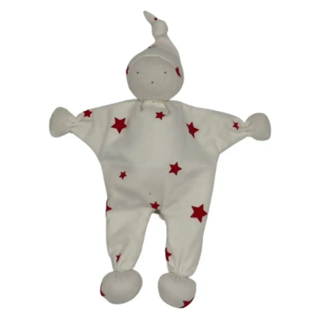 Under the Nile white baby buddy with red star patterns on a white background