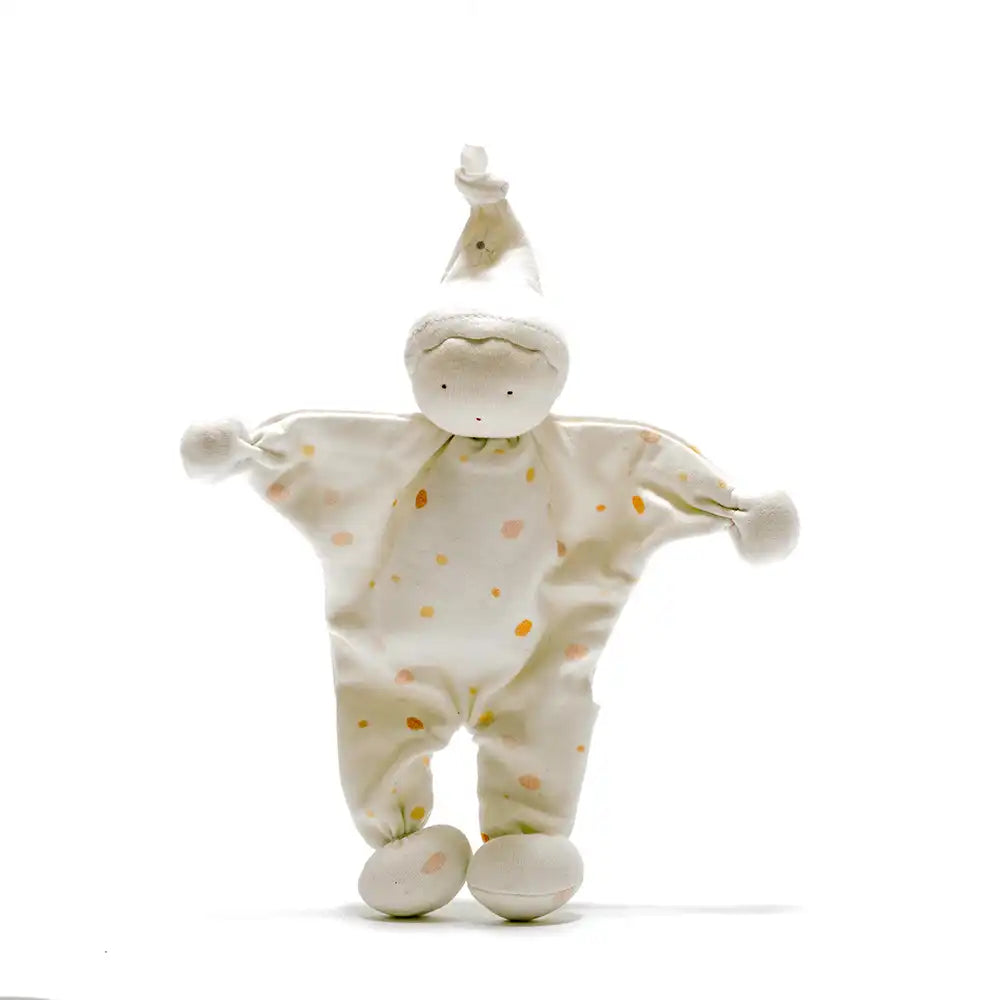 Under the Nile white baby buddy with watercolour dots pattern on a white background