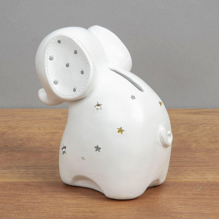 Bambino Baby Elephant White Resin Money Box Back