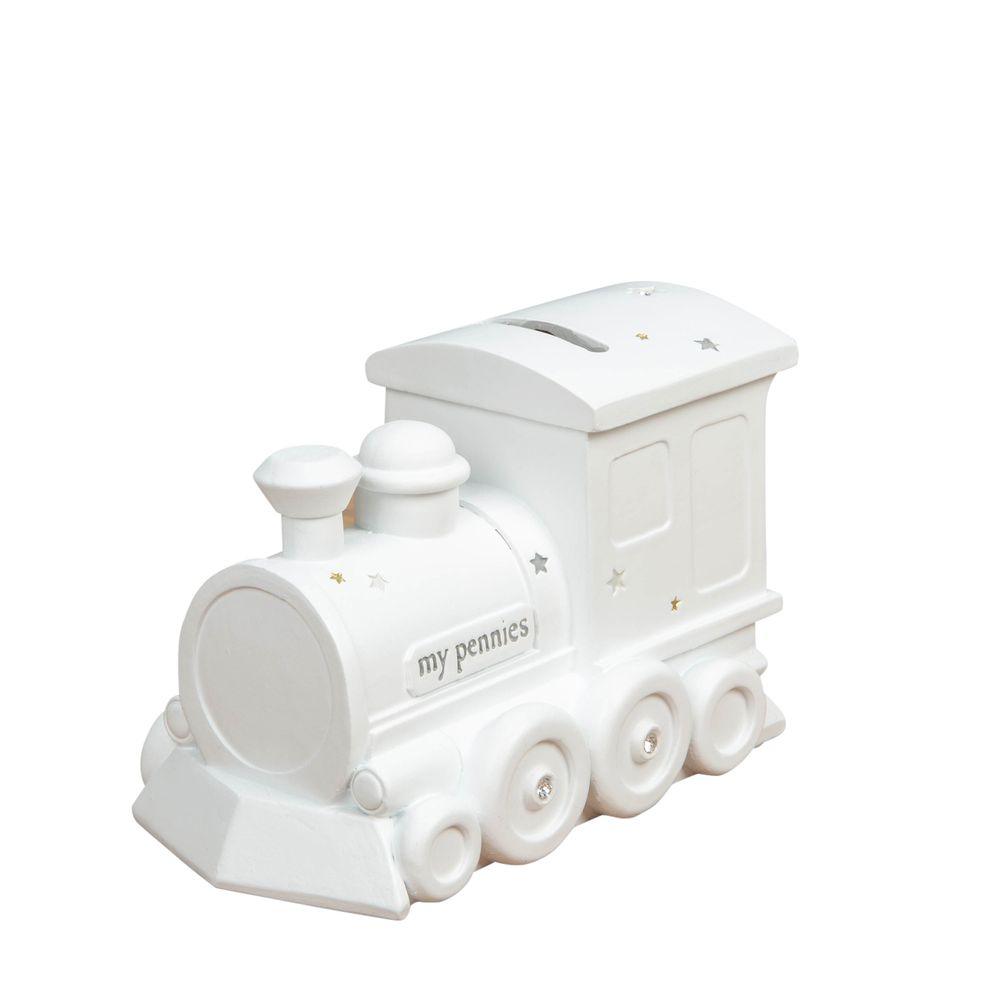 Bambino Train and Stars White Resin Money Box Main