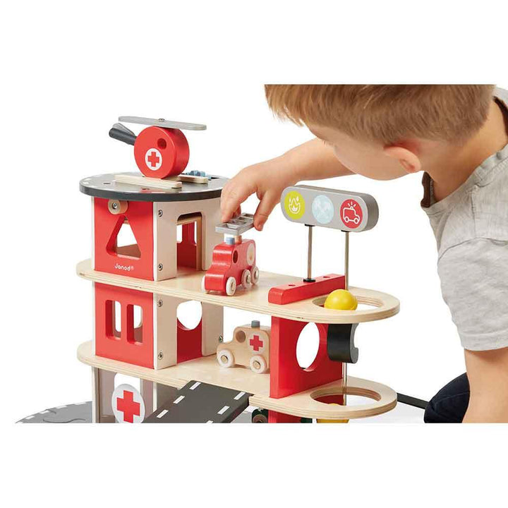 Janod FSC Certified Wooden Fire Station Played With Picture