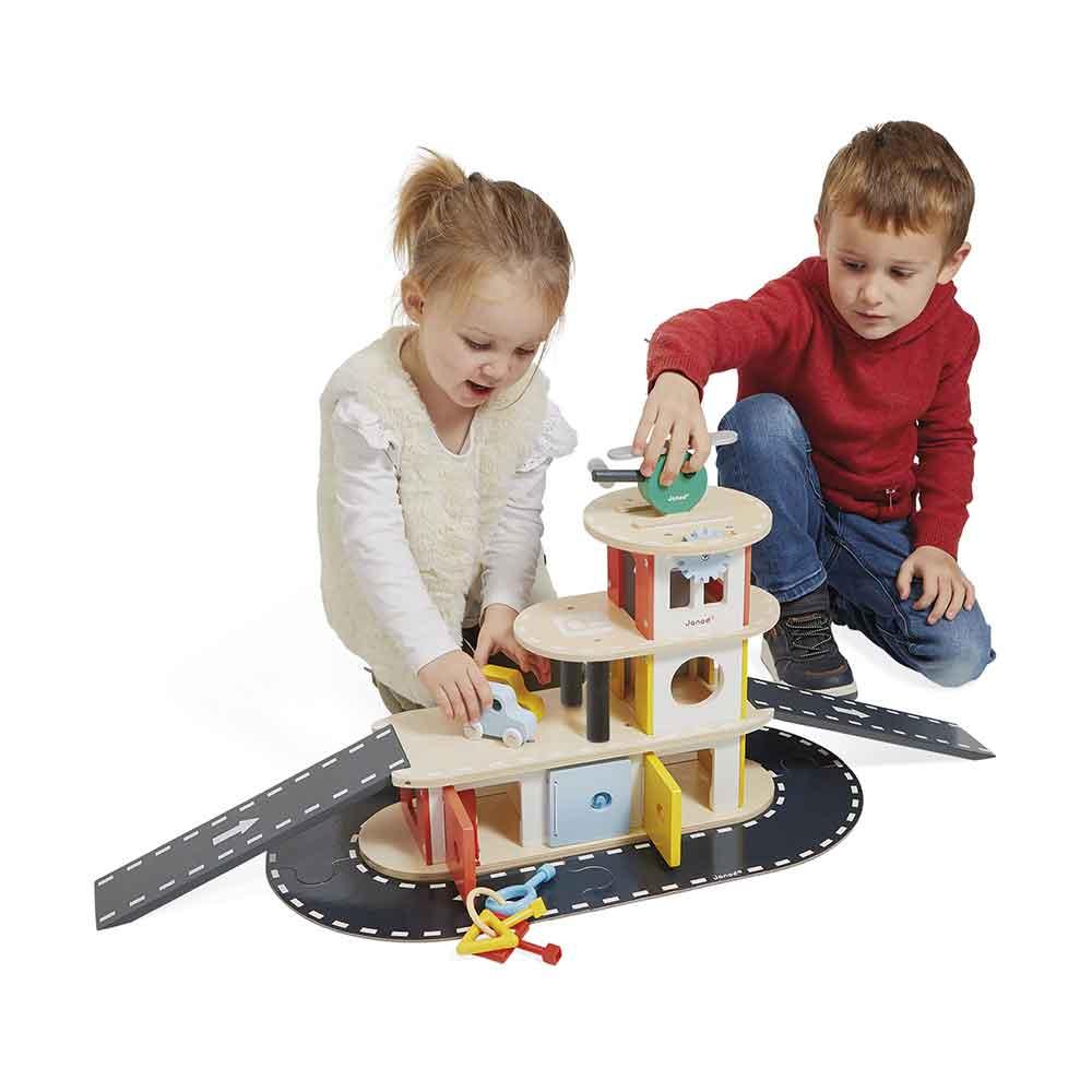 Janod FSC Certified Wooden Garage Being Played With Picture