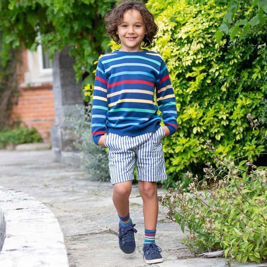 Kite GOTS Organic Cotton Rocket Multi-Coloured Stripe Socks Being Worn Picture