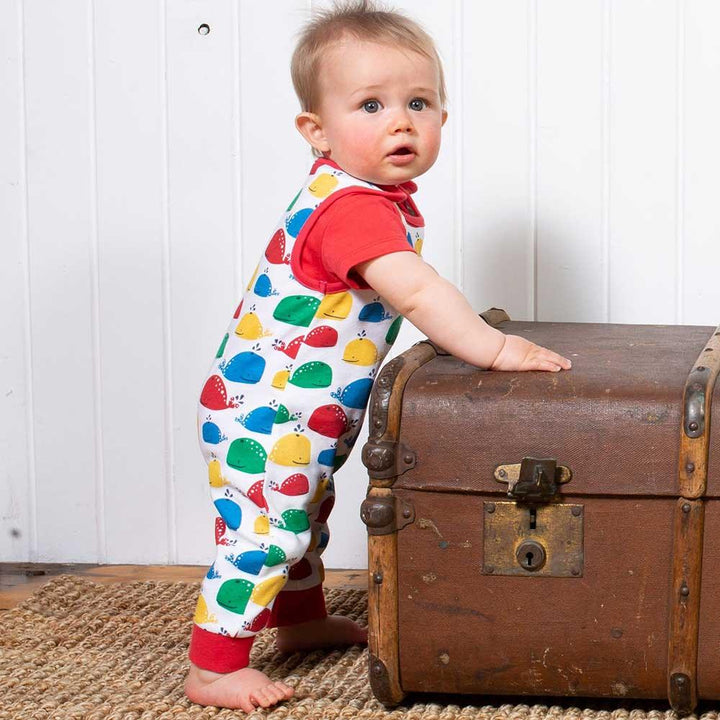 Kite Clothing GOTS Organic Cotton Rainbow Whale Dungarees Being Worn Picture