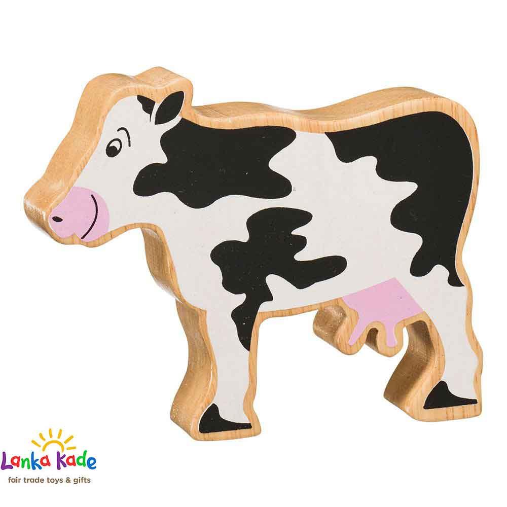 Lanka Kade Natural Wooden Colourful Black & White Cow Farm Animal Figure