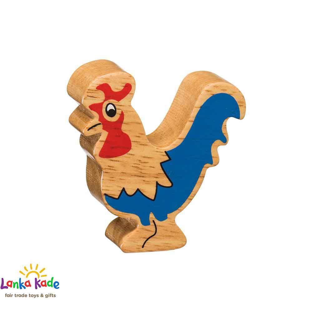 Lanka Kade Natural Wooden Colourful Blue Cockerel Farm Animal Figure