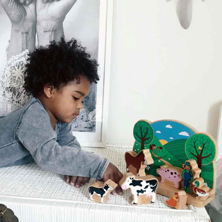 Lanka Kade Natural Wooden Junior Farm Playscene with Colourful Characters Played With Picture