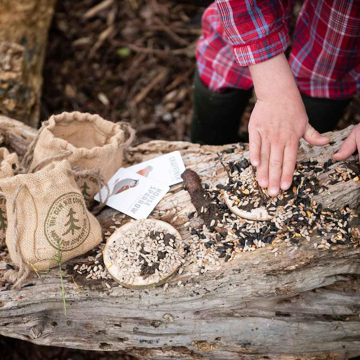 The Den Kit Company Make a Pizza for the Birds Activity Kit Being Used Outside