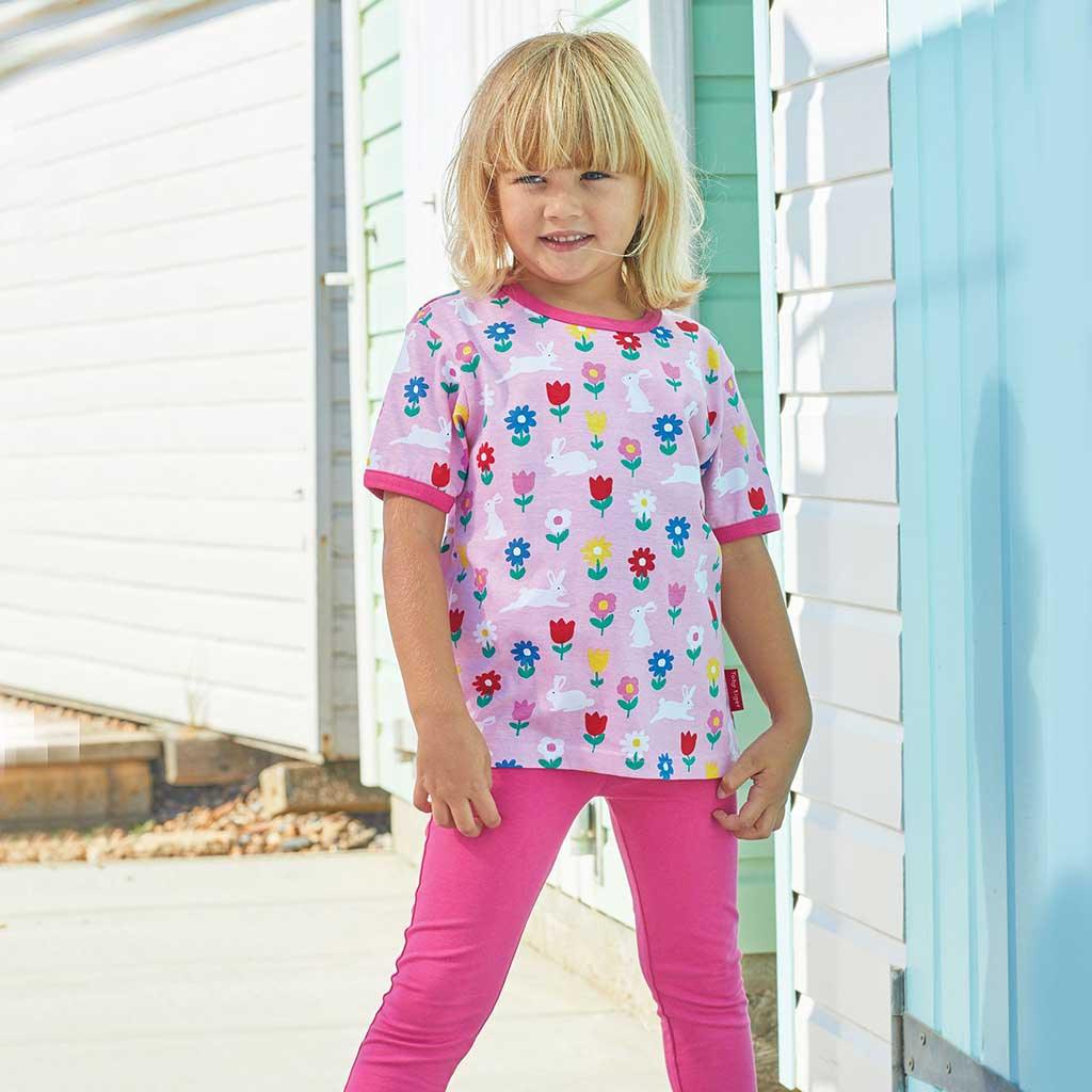 Toby Tiger GOTS Organic Cotton Pink Bunny Print T-Shirt Being Worn Picture