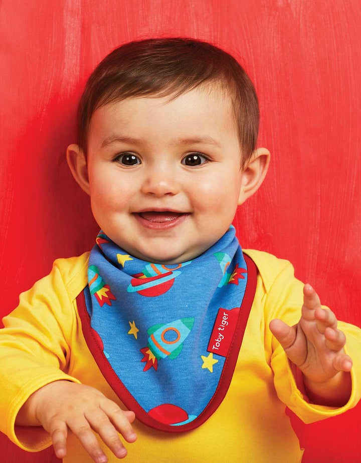 Toby Tiger GOTS Organic Cotton Space Print Dribble Bib Being Worn Picture